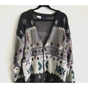 Vintage Oversized Slouchy Boxy Wool Blend Cardigan V Neck Sweater Gray sz XL